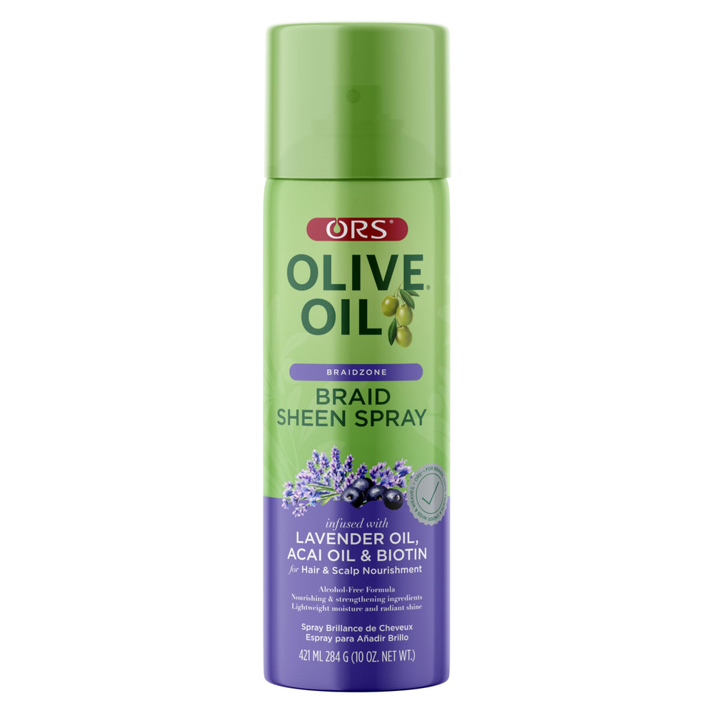 ORS Olive Oil Braidzone spray bottle with lavender for scalp soothing and shine