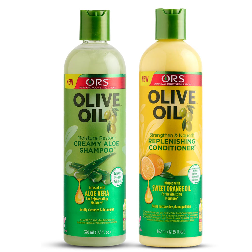 ORS Olive Oil Creamy Aloe Shampoo bottle shows nourishing cleanse for all hair types.