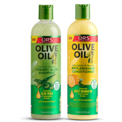 ORS Olive Oil Creamy Aloe Shampoo bottle shows nourishing cleanse for all hair types.