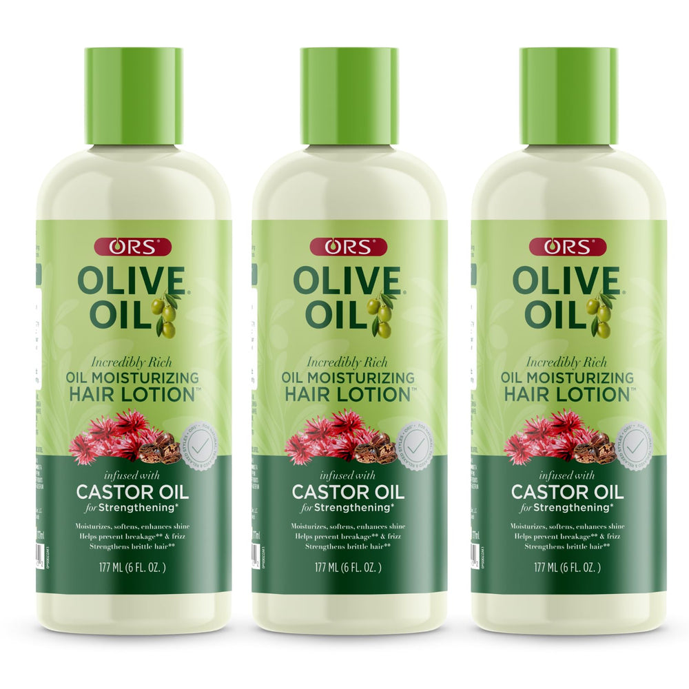 ORS Olive Oil Incredibly Rich Hair Lotion bottle highlighting moisture and shine