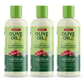 ORS Olive Oil Incredibly Rich Hair Lotion bottle highlighting moisture and shine