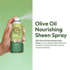 ORS Olive Oil Nourishing Sheen Spray delivers silky softness and easy manageability.