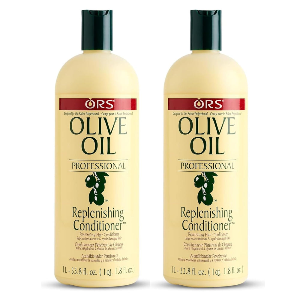 ORS Olive Oil Professional Replenishing Conditioner pack of 2 on display promotes detangling and silky shine