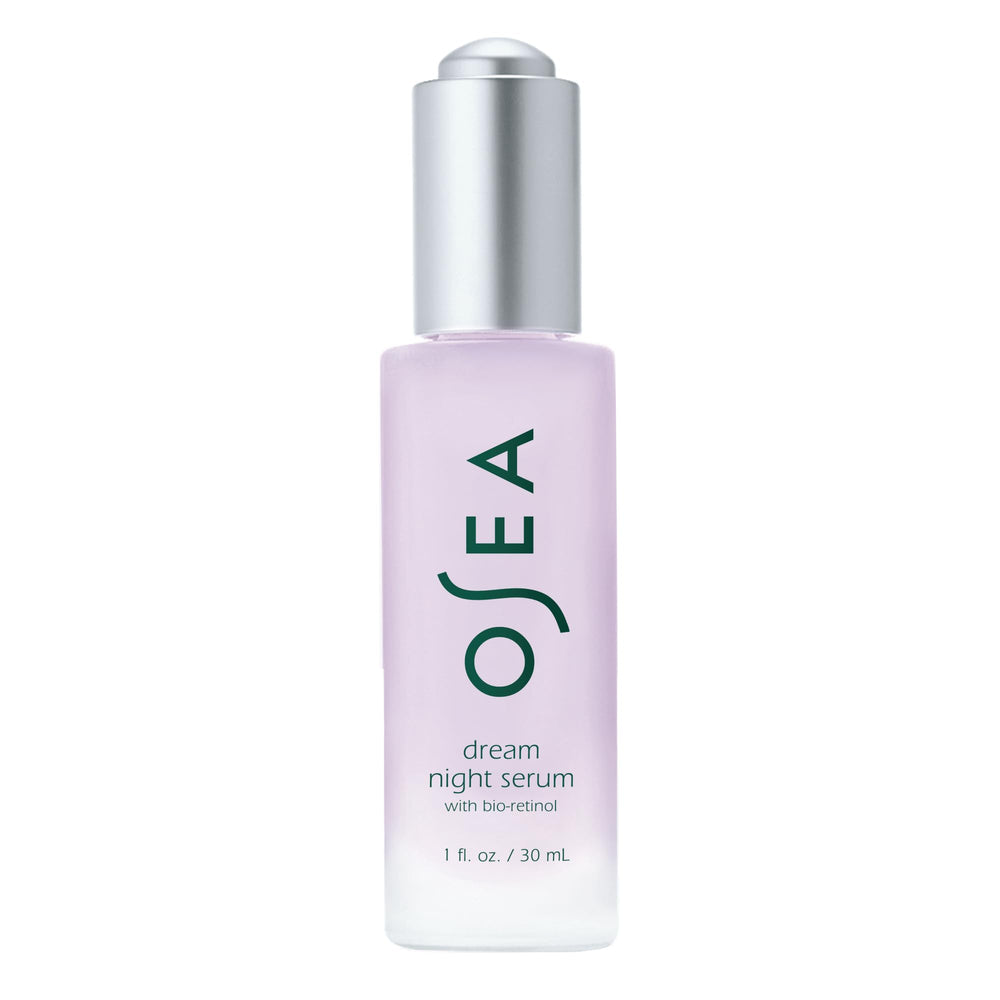 OSEA Dream Night Serum bottle closeup highlighting premium packaging for overnight care.