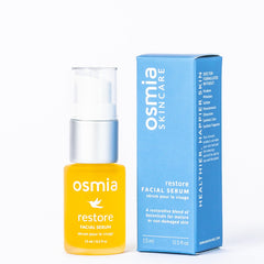 Osmia Natural Restore Serum lavender oil bottle promotes soothing hydration for dry skin.