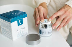 Application swatch of Osmotics Blue Copper 5 Prime Face Cream demonstrating quick absorption.