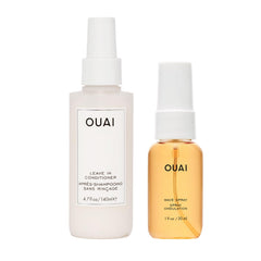 OUAI Leave-In Conditioner bottle closeup showing smoothing shine.