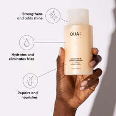 OUAI Medium Conditioner bottle pouring delivering shine and detangling benefits