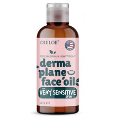 Ouiloe Dermaplane oil bottle highlights fragrance-free, hydrating formula for sensitive skin.