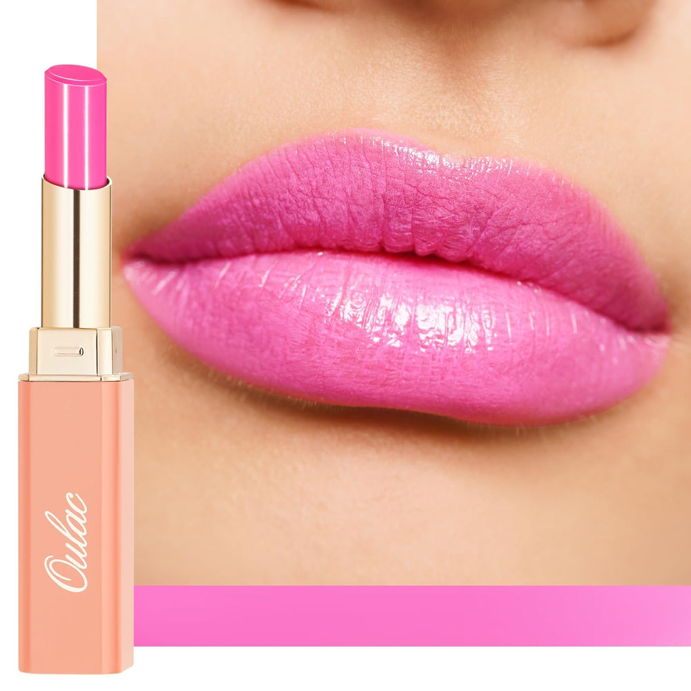 Oulac moisturizing shine pink lipstick packaging with glossy finish for on-the-go hydration.