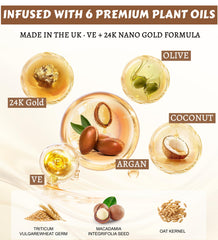 Oumigiz 24K Gold Hair Oil bottle back highlights vegan, sulfate-free ingredients.
