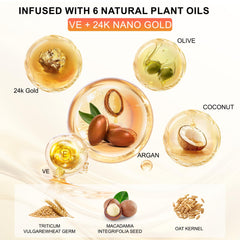 OUMIGIZ 24K Gold Hair Oil drops illustrating quick absorption for frizz control.