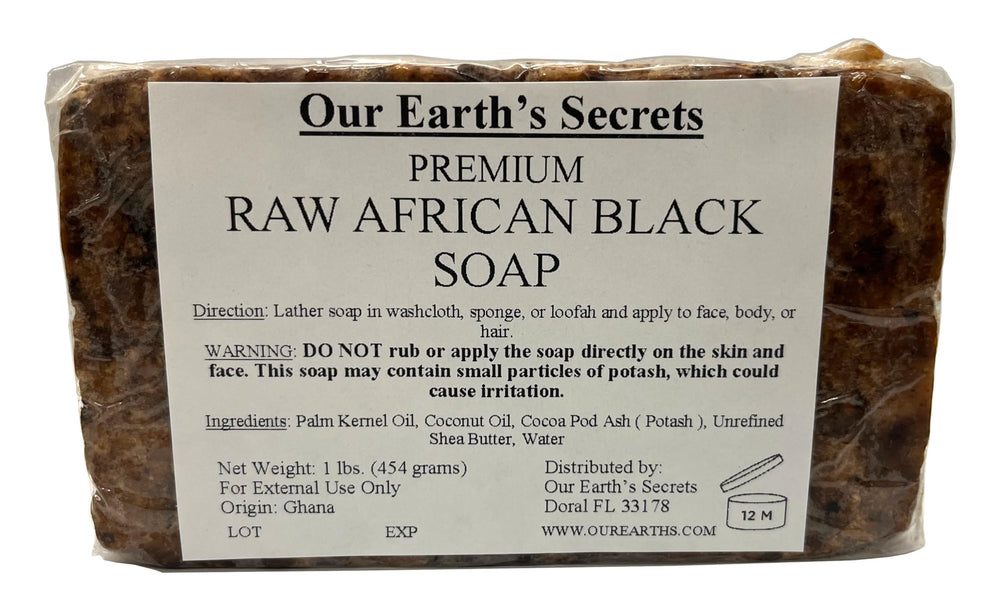 Our Earth's Secrets raw African Black Soap bar close-up for natural cleansing benefits