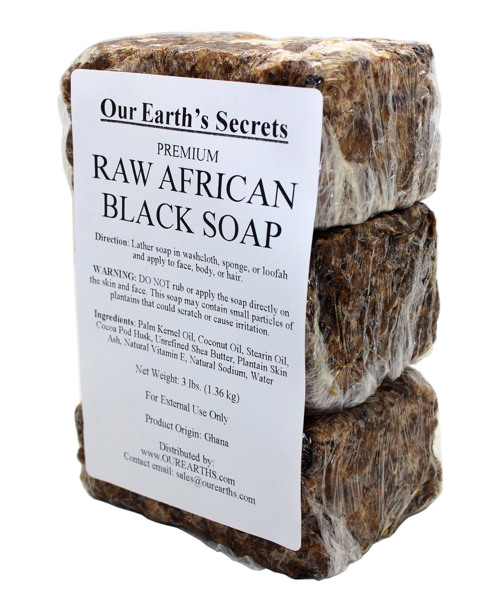 Our Earth's Secrets raw African Black Soap bar with premium natural ingredients.