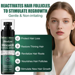 OURMUST Minoxidil spray mist mid-application on scalp for even coverage.