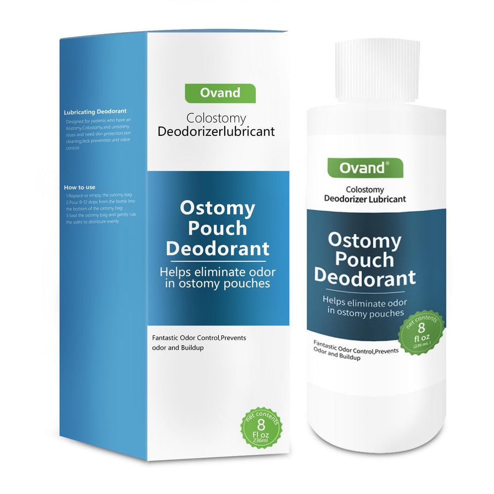 ovand ostomy pouch deodorant bottle closeup showing unscented formula for odor control