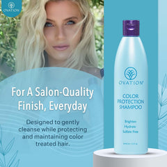 Ovation Color Protection Shampoo bottle close-up showing rich lather for gentle cleansing