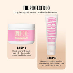 Overtone color depositing mask on wet hair illustrating nourishing hydration