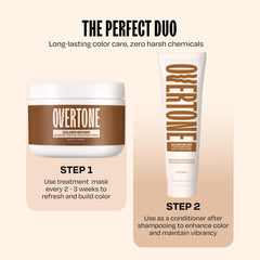 Overtone Golden Brown color-depositing mask on hair delivers vibrant tone