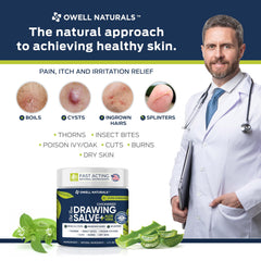 OWELL Naturals Drawing Salve label highlighting natural ingredients