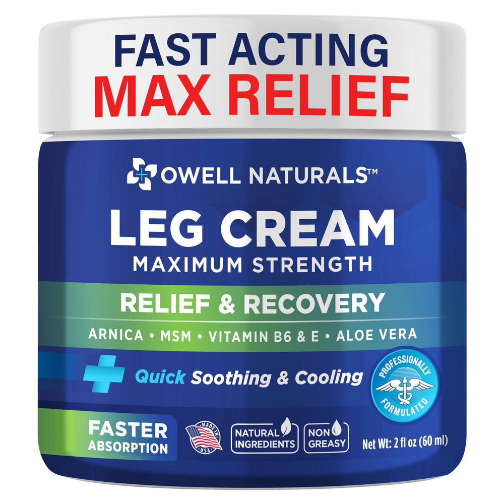 OWELL Naturals Relief Legs Cream tube front for quick leg relief and daily use.