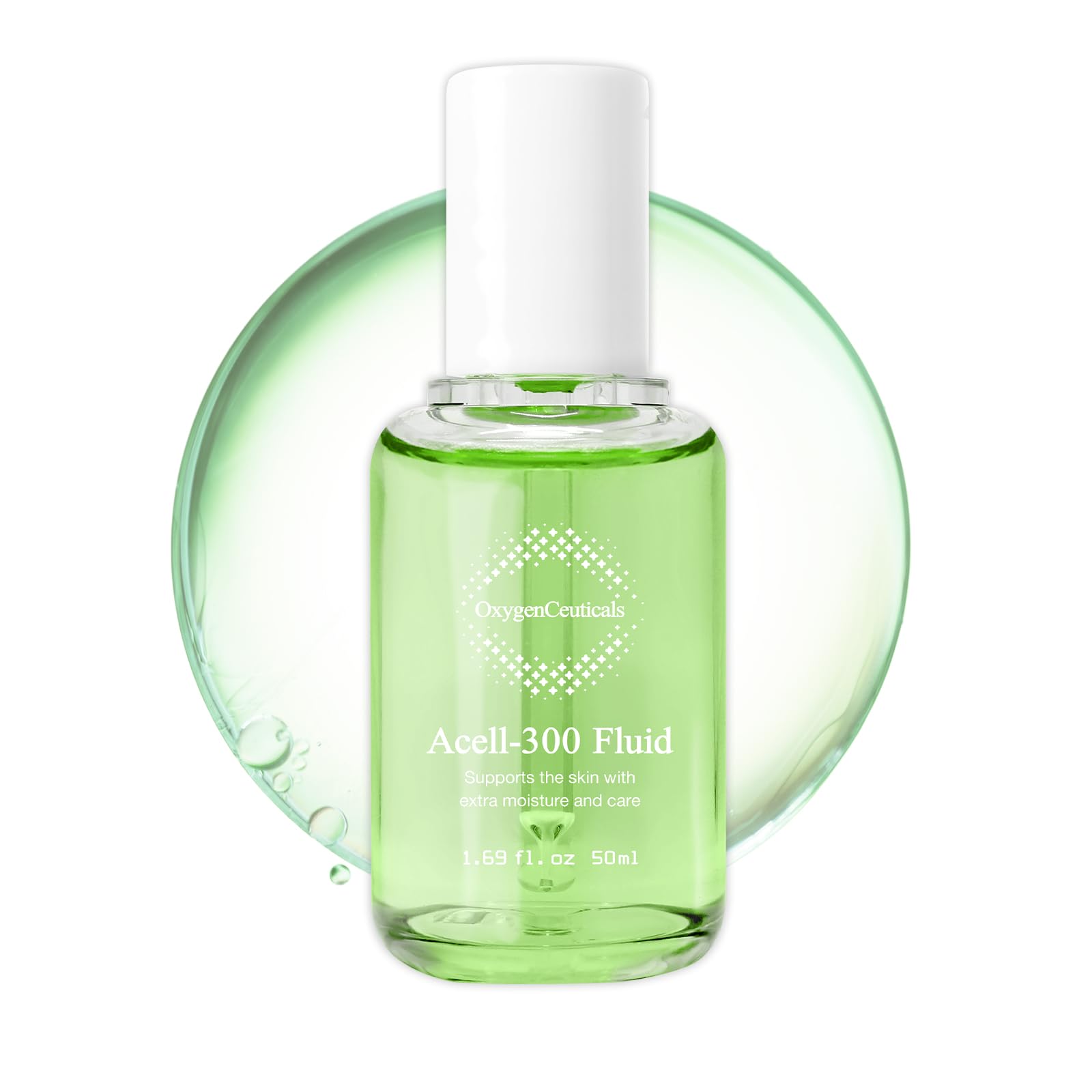 OxygenCeuticals Acell-300 Fluid bottle closeup with oil-free hydration and barrier support.