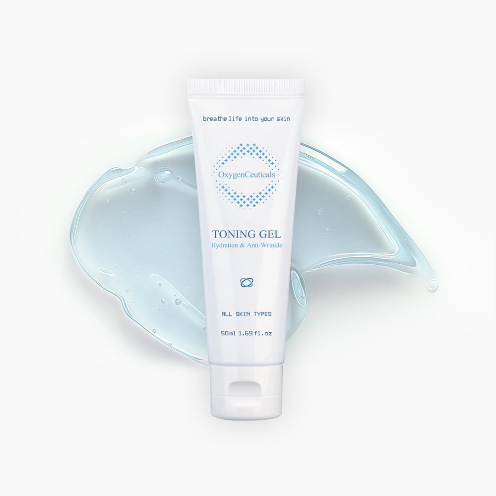OxygenCeuticals Toning Gel jar close-up with hydrating gel texture for post-treatment refresh.