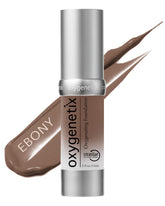 Oxygenetix Oxygenating Foundation Ebony bottle close-up shows breathable, weightless coverage for sensitive skin.