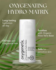 Oxygenetix Hydro-Matrix label close-up highlights aloe-based, fragrance-free formula