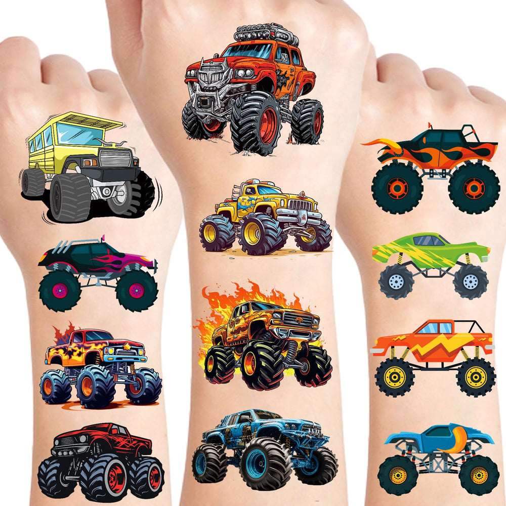 Ozepao monster-truck tattoos 100-pack for kids' parties and summer fun.