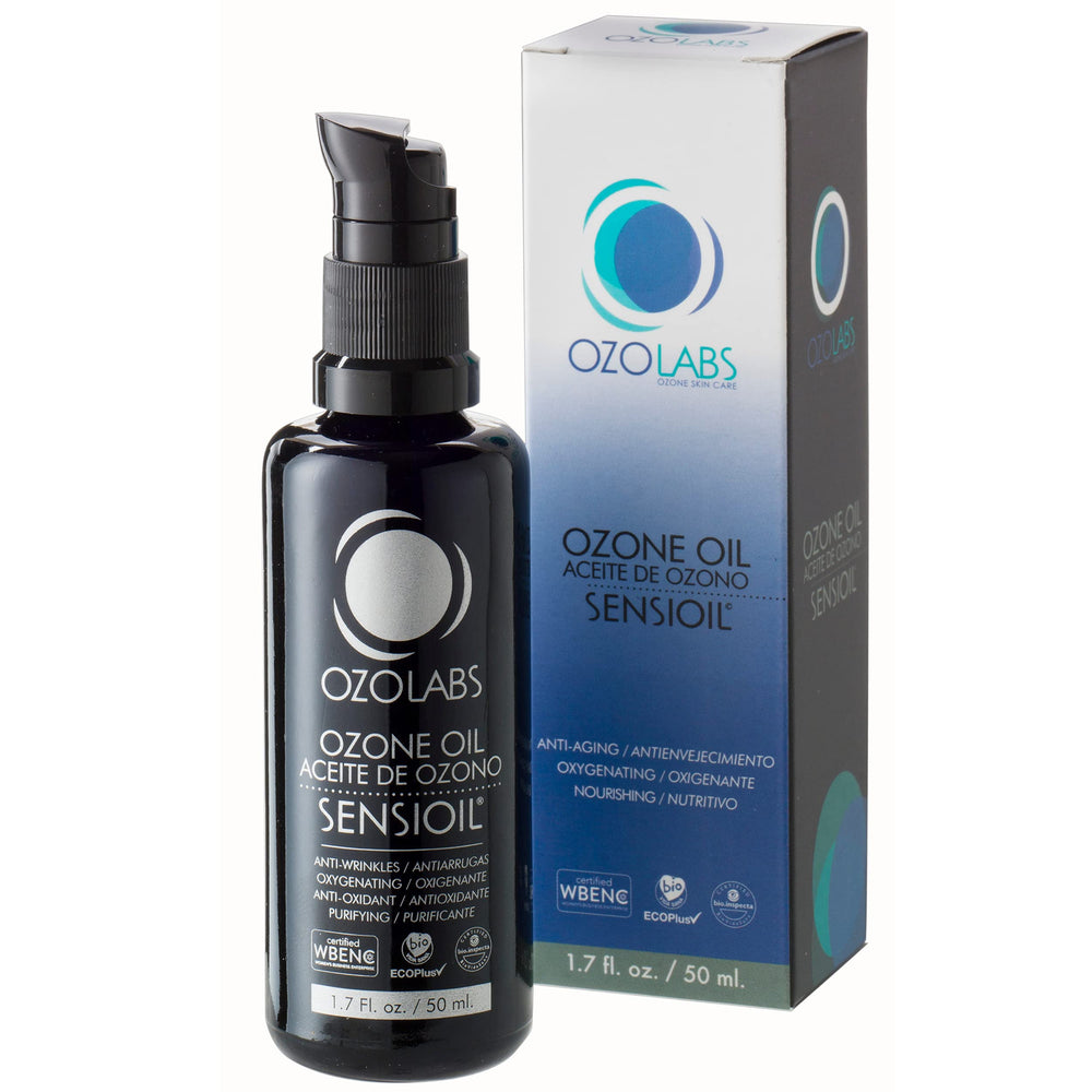 OZOLABS SENSIOIL bottle front with certified organic ozonated oils for deep hydration.
