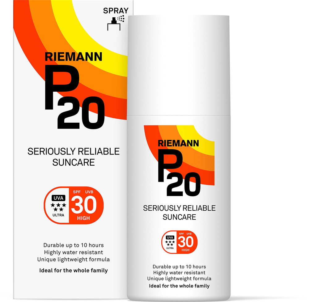 P20 Once A Day sun spray bottle demonstrates long-lasting SPF30 protection for daily use.