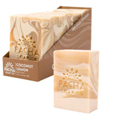 Pacha Soap Co coconut lemon bar unwrapped, ready for a refreshing cleanse.