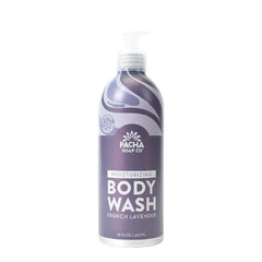 Pacha Soap Co French Lavender Body Wash bottle promotes a calming, spa-like shower experience.