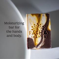 Pacha Soap Co handcrafted in Nebraska enhances skin softness with creamy lather.