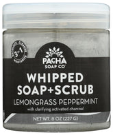 Pacha Soap Co Lemongrass Peppermint whipped scrub jar for gentle exfoliation.