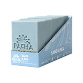 Pacha Soap Co. Sand and Sea bar close-up shows sea salt exfoliation and creamy lather