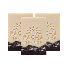 Pacha Soap Co. Santal & Amber bar front label highlights premium cleansing and light fragrance.