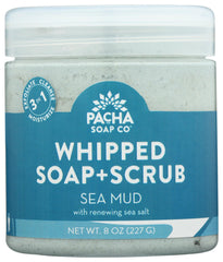 Pacha Soap Co Sea Mud Whipped Soap Scrub bottle shows creamy exfoliating texture.