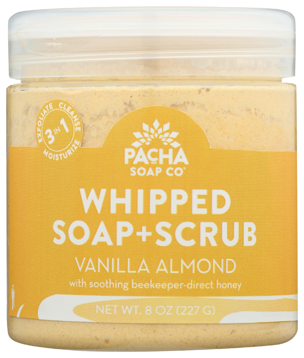Pacha Soap Co Vanilla Almond Whipped Soap Scrub jar with creamy texture for exfoliation