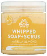 Pacha Soap Co Vanilla Almond Whipped Soap Scrub jar with creamy texture for exfoliation