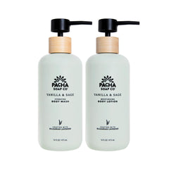 Pacha Soap Co vanilla sage bottle for a hydrating shower cleanse