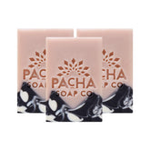 Pacha Soap Co. White Blossom & Fig bar closeup with creamy hydrating lather.