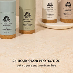 Pacha Soap Co White Blossom & Fig deodorant stick closeup highlights smooth, aluminum-free formula.