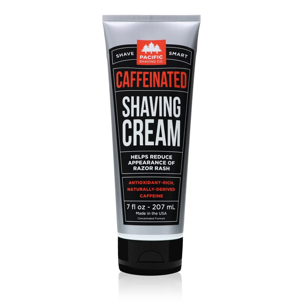 Pacific Shaving Company caffeinated shaving cream bottle ready for a hydrating shave