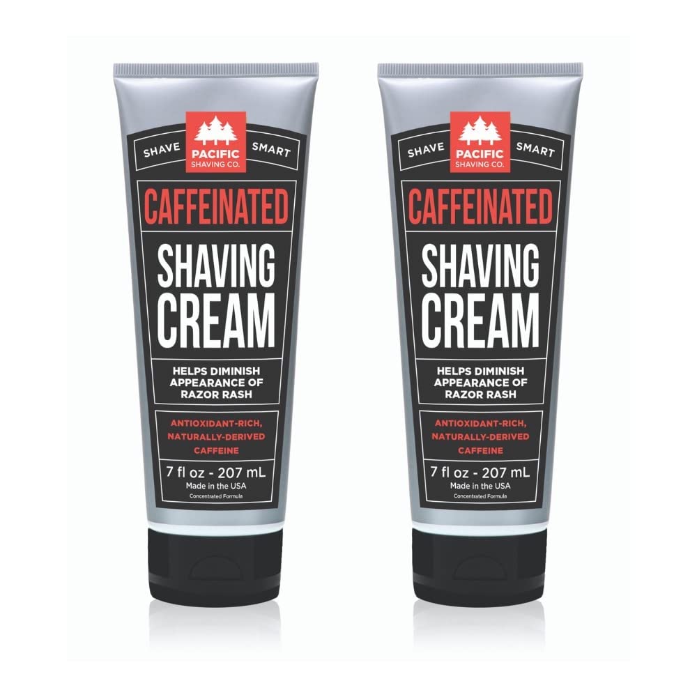 Pacific Shaving Company caffeinated shaving cream bottle showcasing energizing formula for mornings