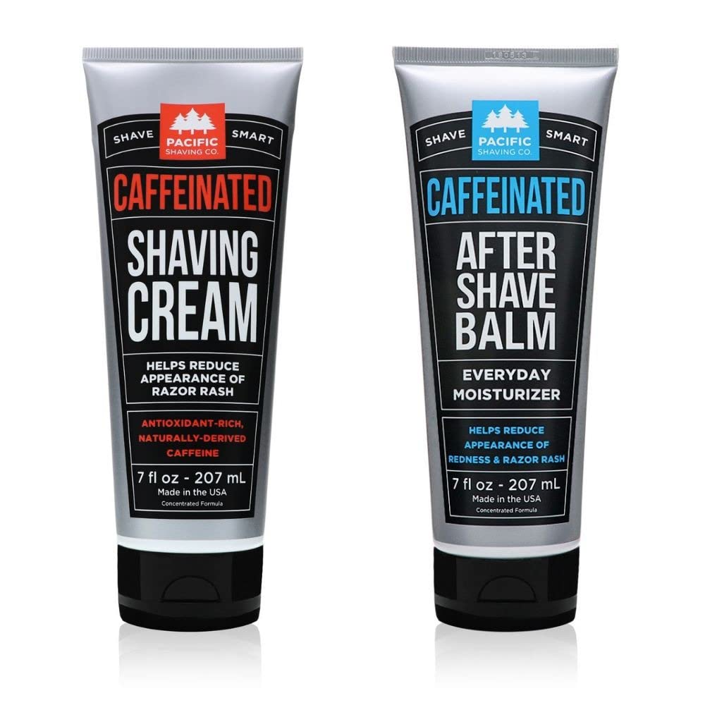 Pacific Shaving Company caffeinated shaving cream bottle energizes morning routine for a smooth shave
