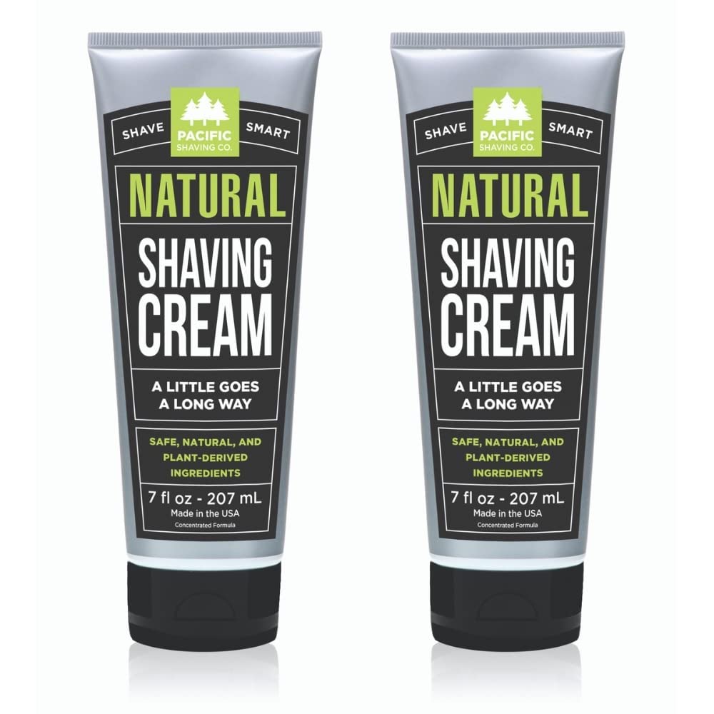 Pacific Shaving Company natural shaving cream bottle with shea butter and vitamin E for sensitive skin.