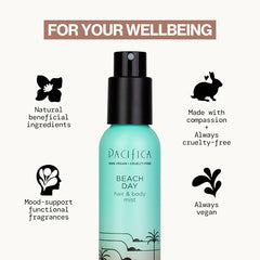 Pacifica Beach Day Hair Mist spray pump in action for quick refresh