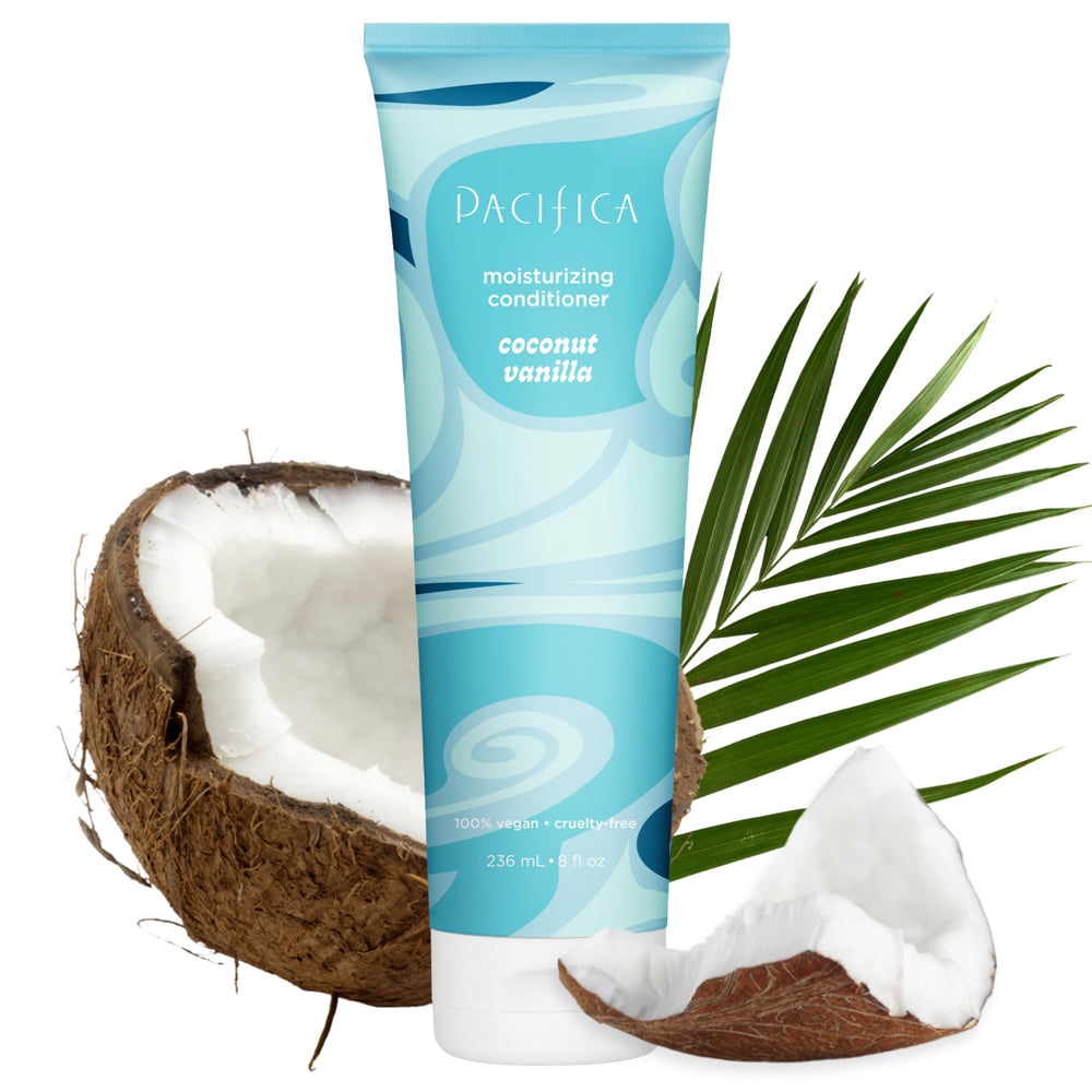 Pacifica Coconut Vanilla Conditioner bottle pour showing hydrating formula for dry hair.